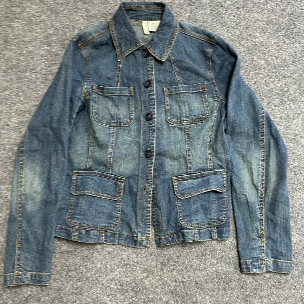 St. John's Bay Denim Jacket Womens Size Medium Blue Stretch Cotton Casual Frayed